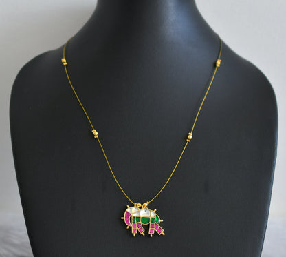 Gold tone pink-green-white kundan jadau elephant invisible necklace dj-48696