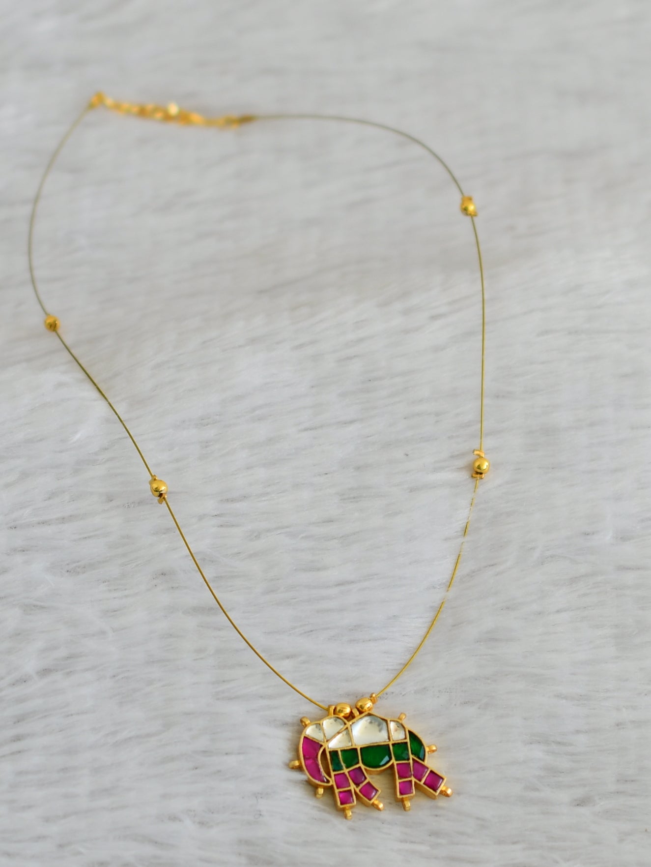 Gold tone pink-green-white kundan jadau elephant invisible necklace dj-48696