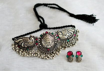 Silver tone pink-green black thread ma durga peacock choker necklace set dj-46966