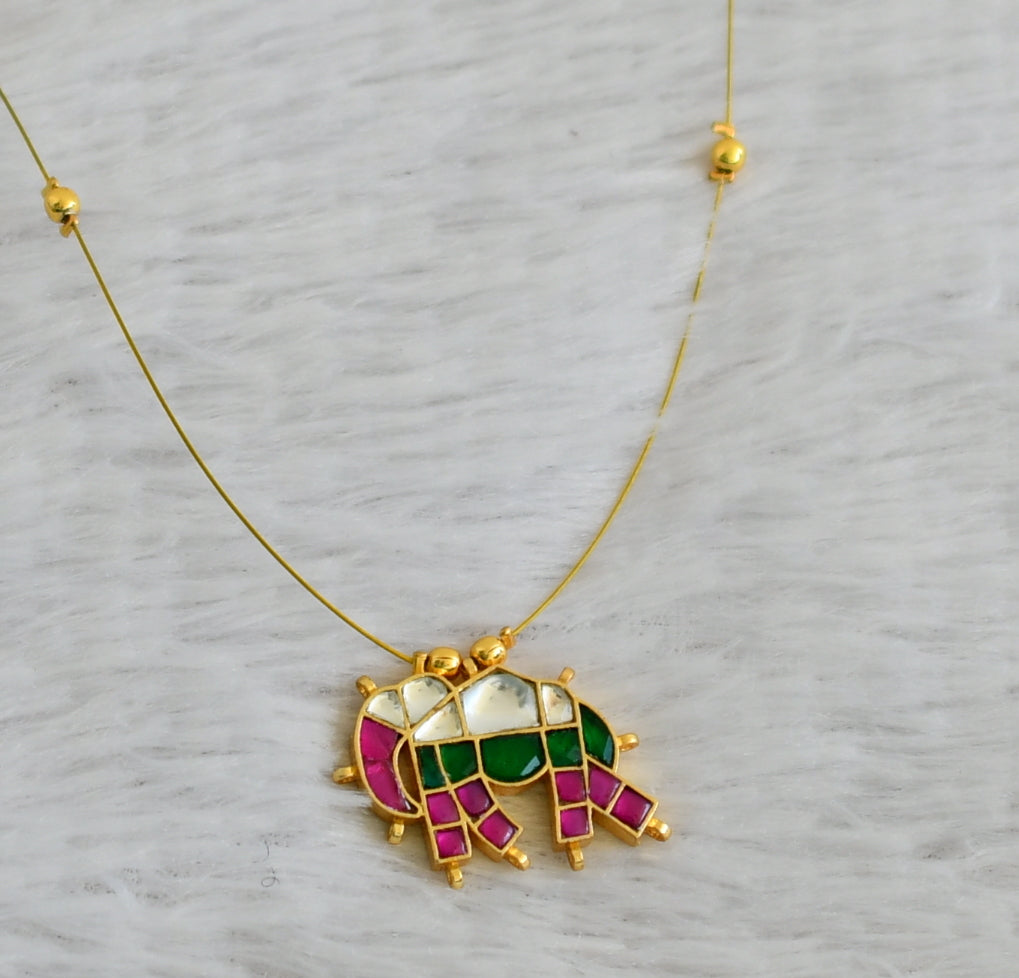 Gold tone pink-green-white kundan jadau elephant invisible necklace dj-48696