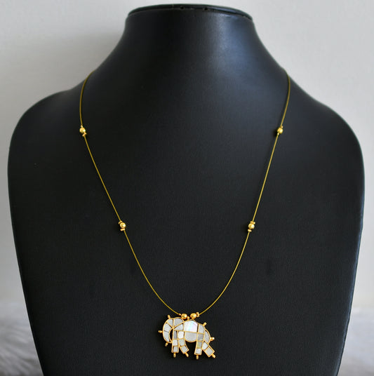 Gold tone pearl white kundan jadau elephant invisible necklace dj-48699