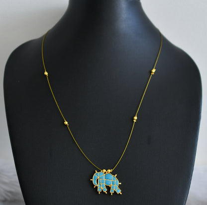 Gold tone turquoise blue kundan jadau elephant invisible necklace dj-48698