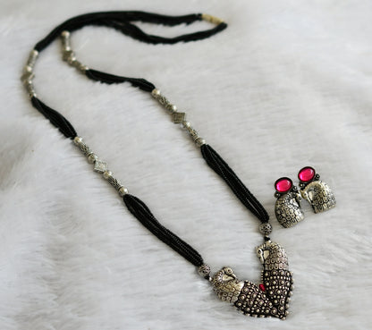 Silver tone pink stone karimani beaded peacock mangalsutra dj-46967