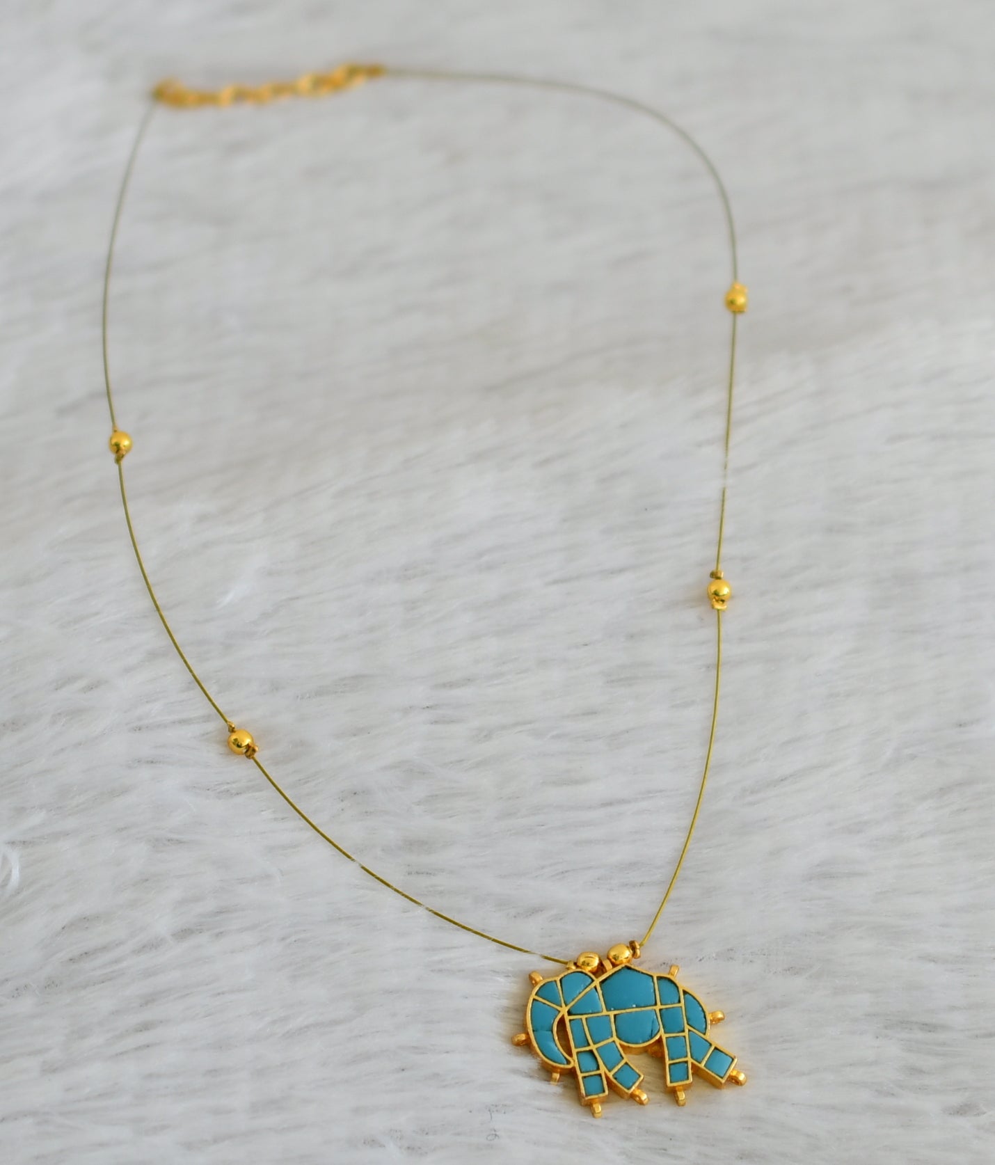 Gold tone turquoise blue kundan jadau elephant invisible necklace dj-48698