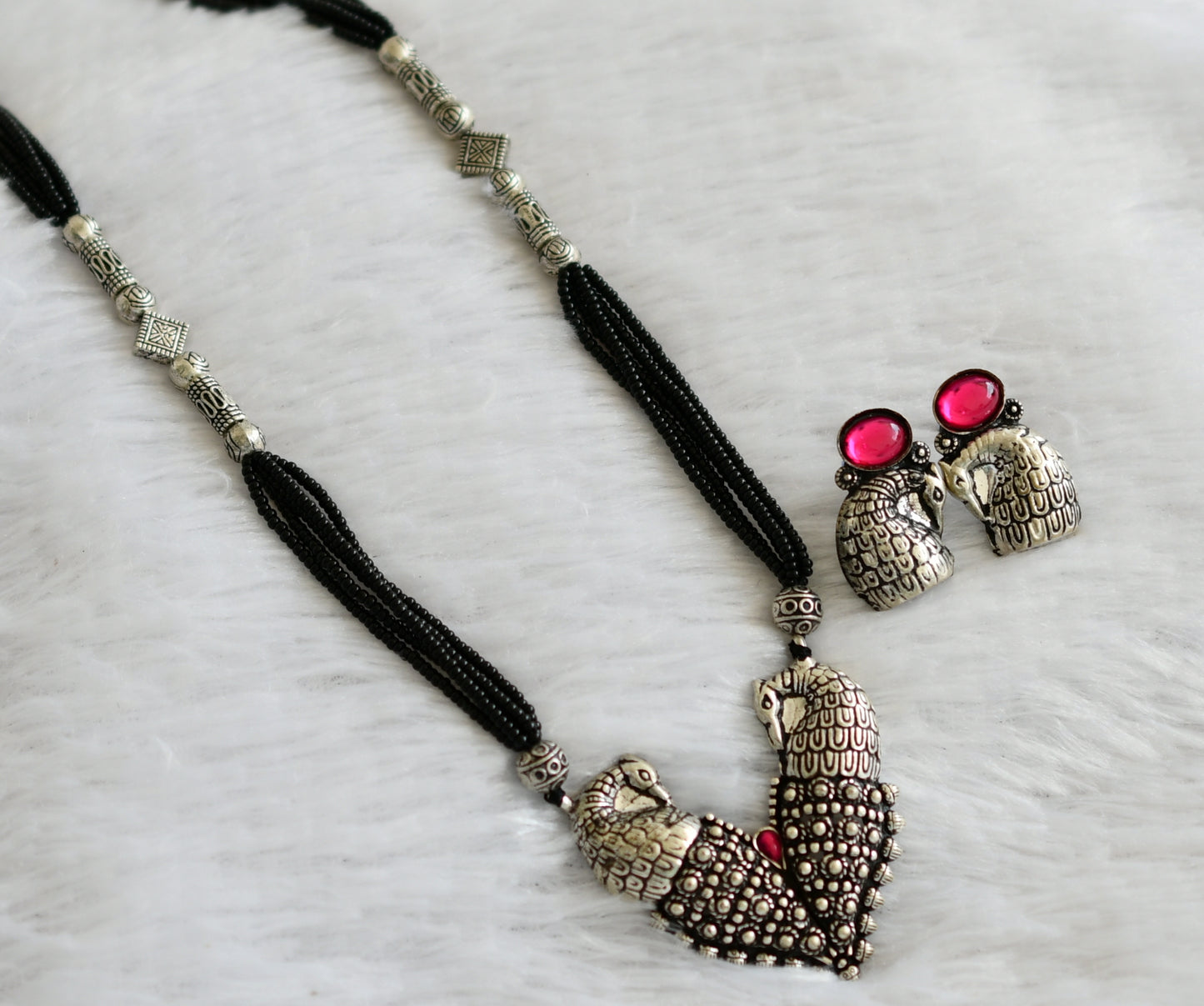 Silver tone pink stone karimani beaded peacock mangalsutra dj-46967