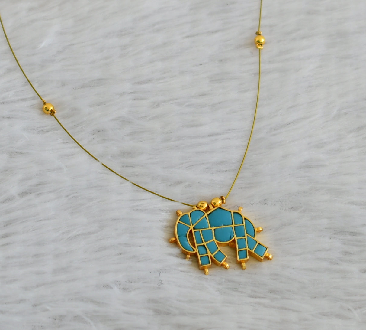 Gold tone turquoise blue kundan jadau elephant invisible necklace dj-48698