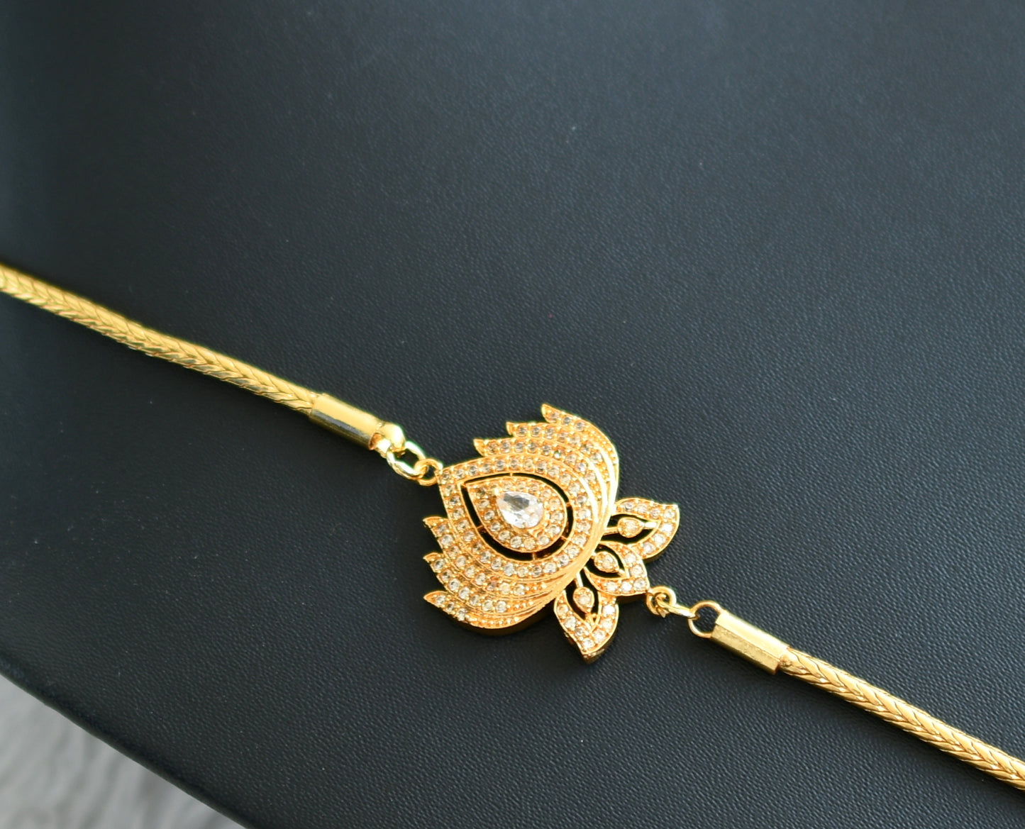 Gold tone white stone Lotus mugappu chain dj-42333