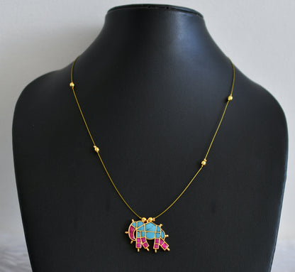 Gold tone pink-turquoise blue elephant kundan jadau invisible necklace dj-48693