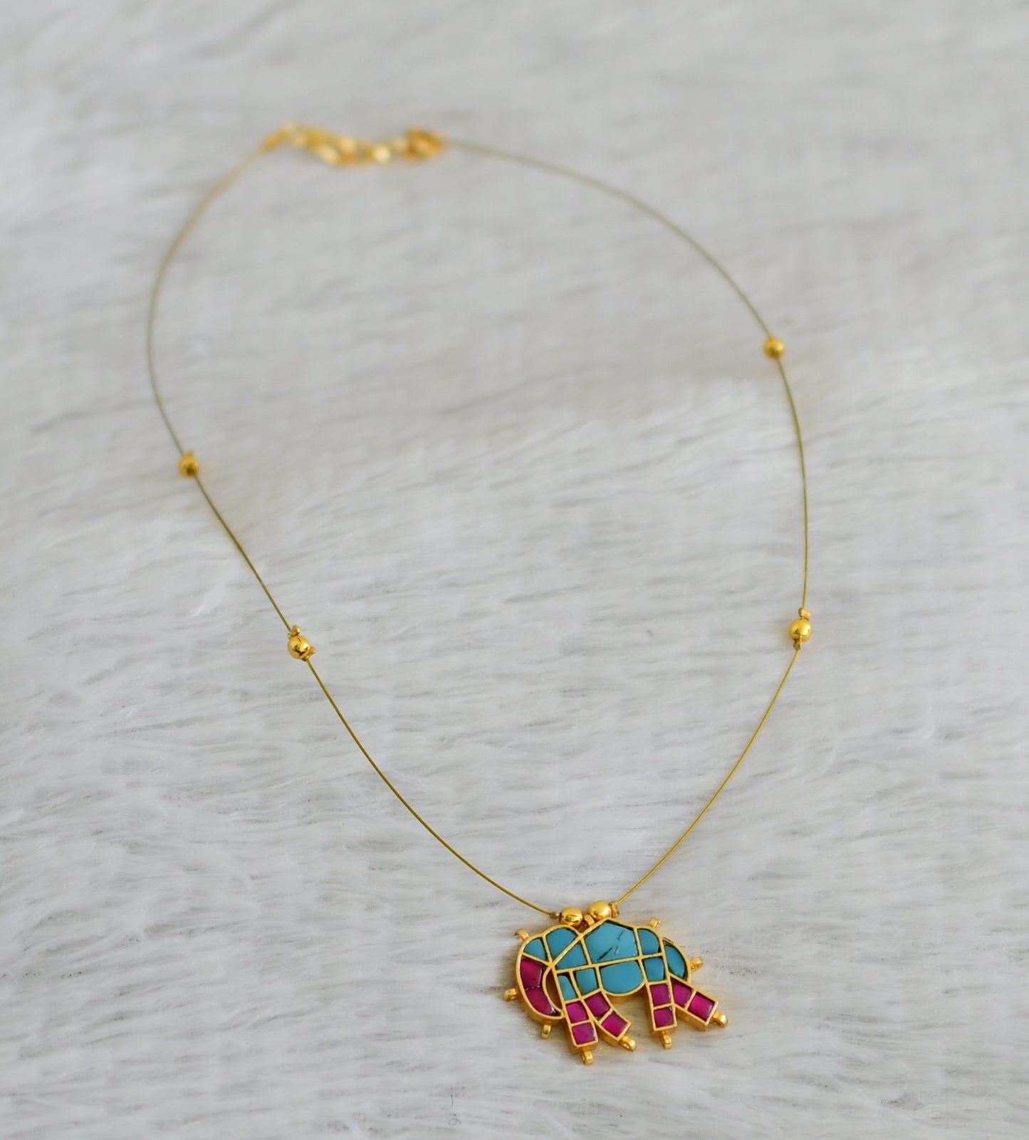 Gold tone pink-turquoise blue elephant kundan jadau invisible necklace dj-48693