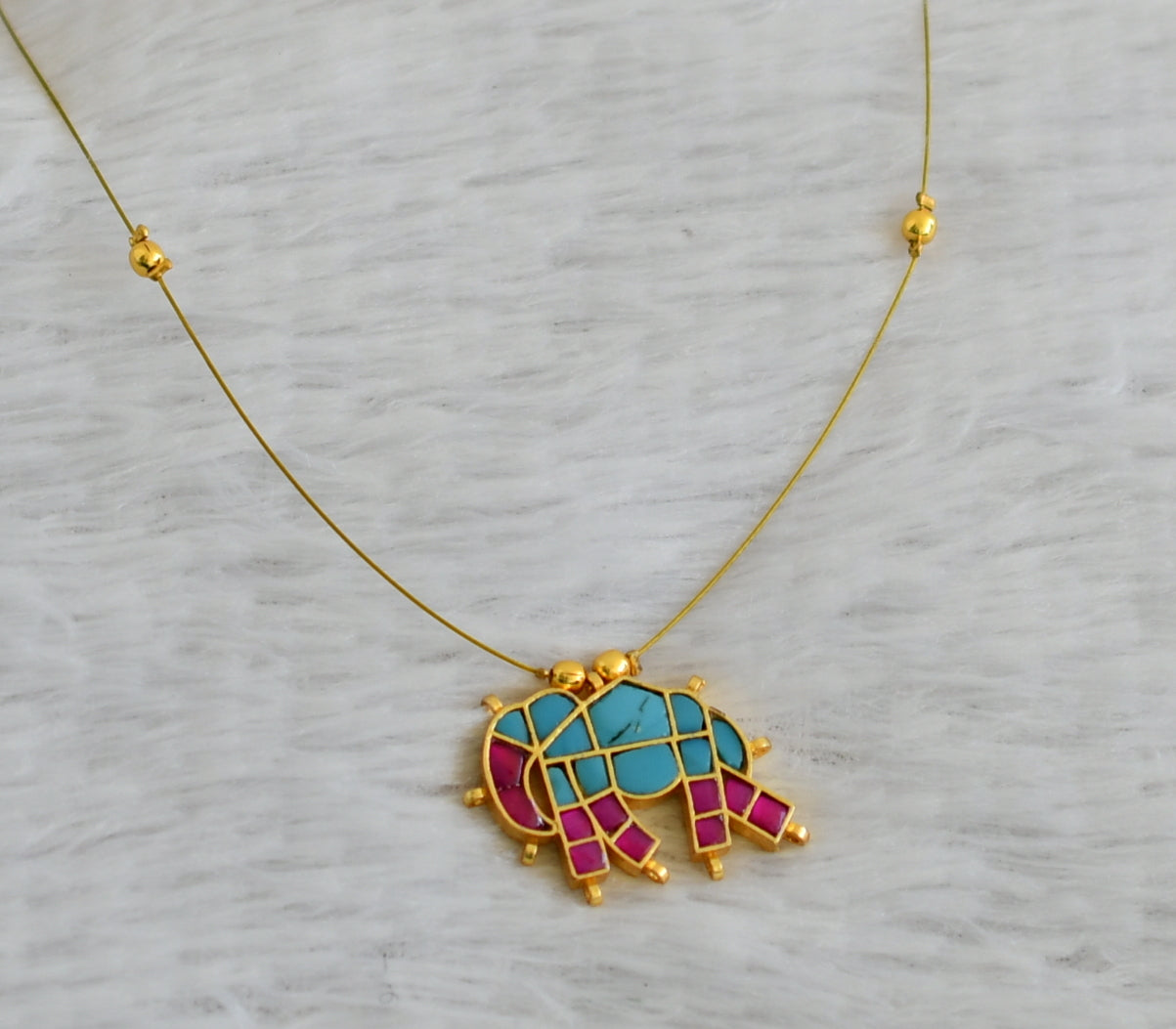 Gold tone pink-turquoise blue elephant kundan jadau invisible necklace dj-48693