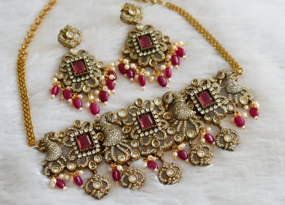 Antique cz pink-white victorian peacock choker necklace set dj-46958