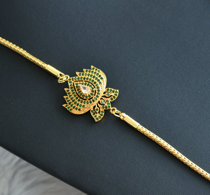 Gold tone white-green stone Lotus mugappu chain dj-42334