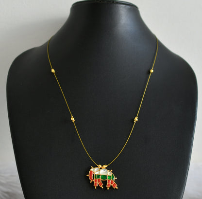 Gold tone coral-green-white kundan jadau elephant invisible necklace dj-48701