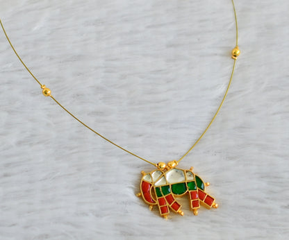 Gold tone coral-green-white kundan jadau elephant invisible necklace dj-48701