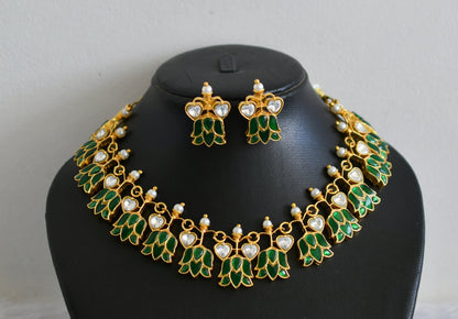 Gold tone green-white kundan jadau lotus necklace set dj-48728