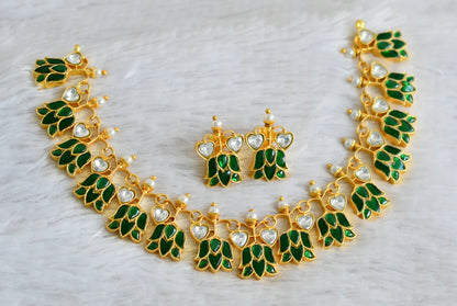 Gold tone green-white kundan jadau lotus necklace set dj-48728