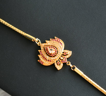 Gold tone white-ruby stone Lotus mugappu chain dj-42335