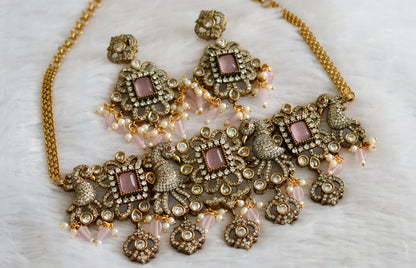 Antique cz baby pink-white victorian peacock choker necklace set dj-46961