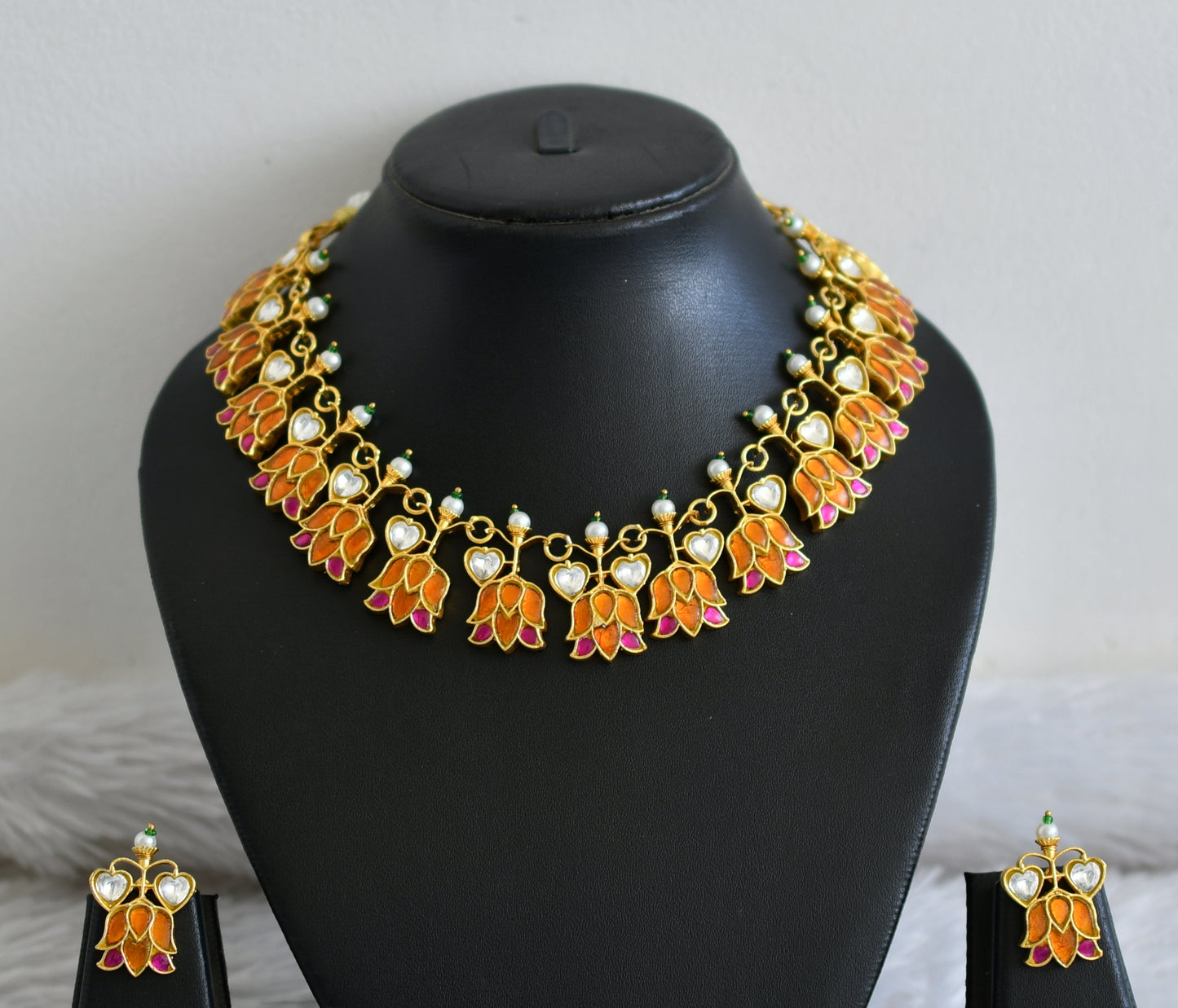 Gold tone pink-orange-white kundan jadau lotus necklace set dj-48729