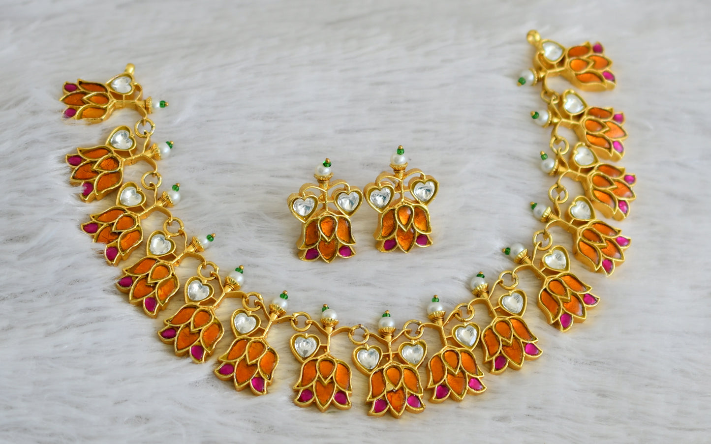 Gold tone pink-orange-white kundan jadau lotus necklace set dj-48729