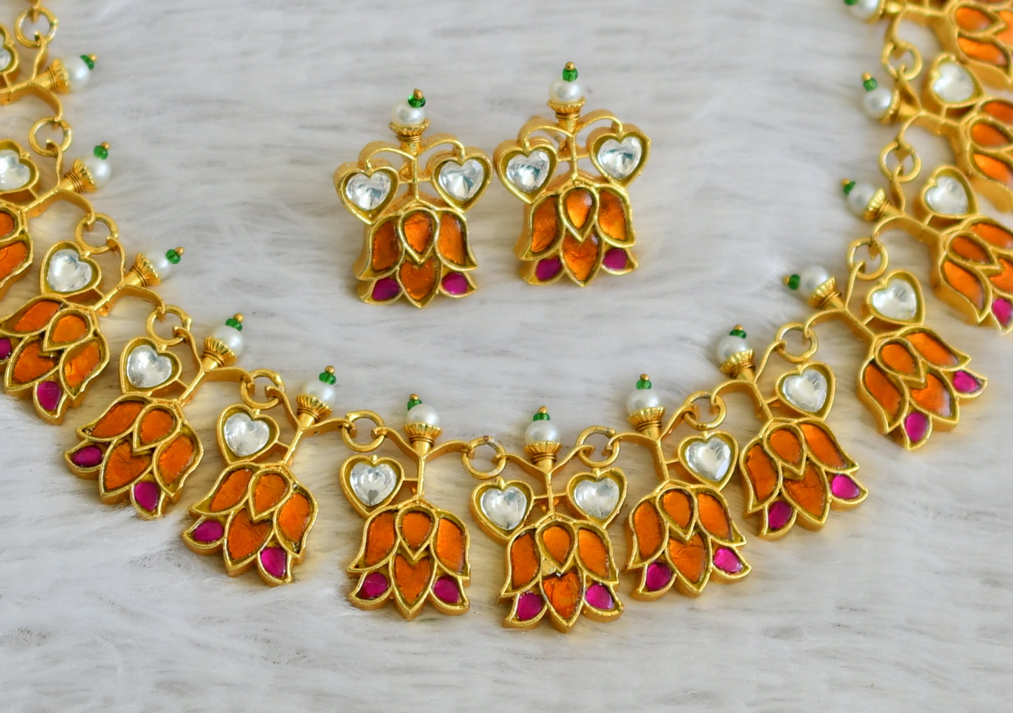 Gold tone pink-orange-white kundan jadau lotus necklace set dj-48729