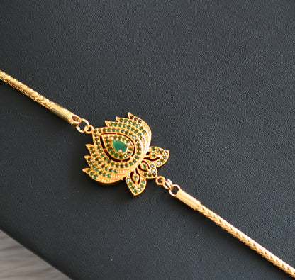 Gold tone green stone Lotus mugappu chain dj-42336