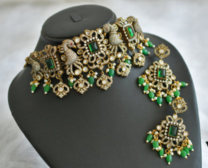 Antique cz green-white victorian peacock choker necklace set dj-46959