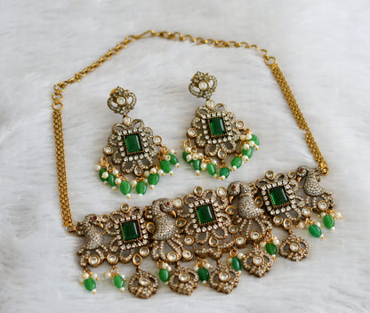 Antique cz green-white victorian peacock choker necklace set dj-46959