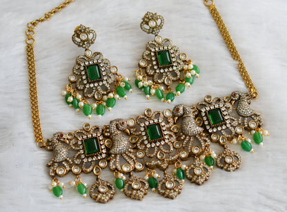 Antique cz green-white victorian peacock choker necklace set dj-46959