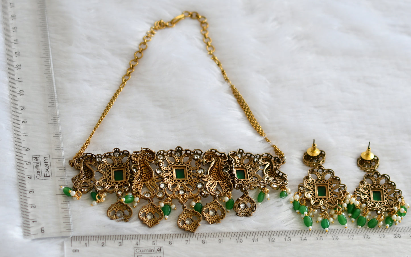 Antique cz green-white victorian peacock choker necklace set dj-46959