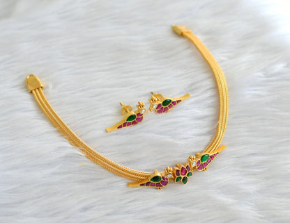 Gold look alike pink-green kundan jadau lotus choker/necklace set dj-35015