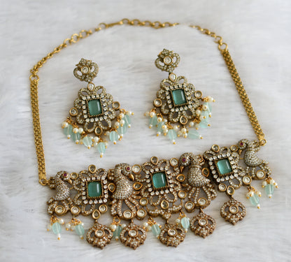 Antique cz sea green-white victorian peacock choker necklace set dj-46962