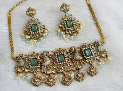 Antique cz sea green-white victorian peacock choker necklace set dj-46962