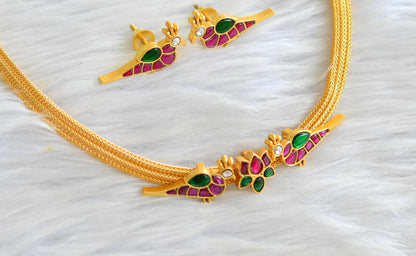 Gold look alike pink-green kundan jadau lotus choker/necklace set dj-35015