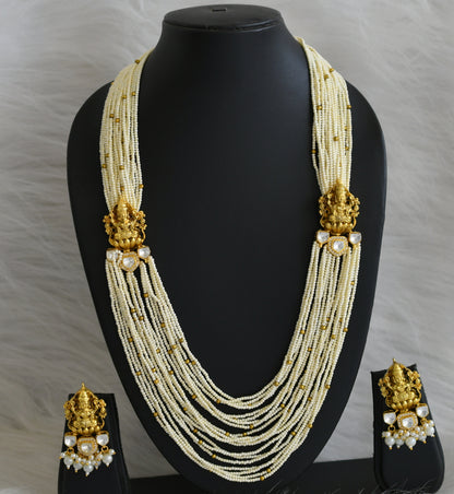 Gold tone AD white-pearl beaded multi layer lakshmi mugappu haar set dj-46971