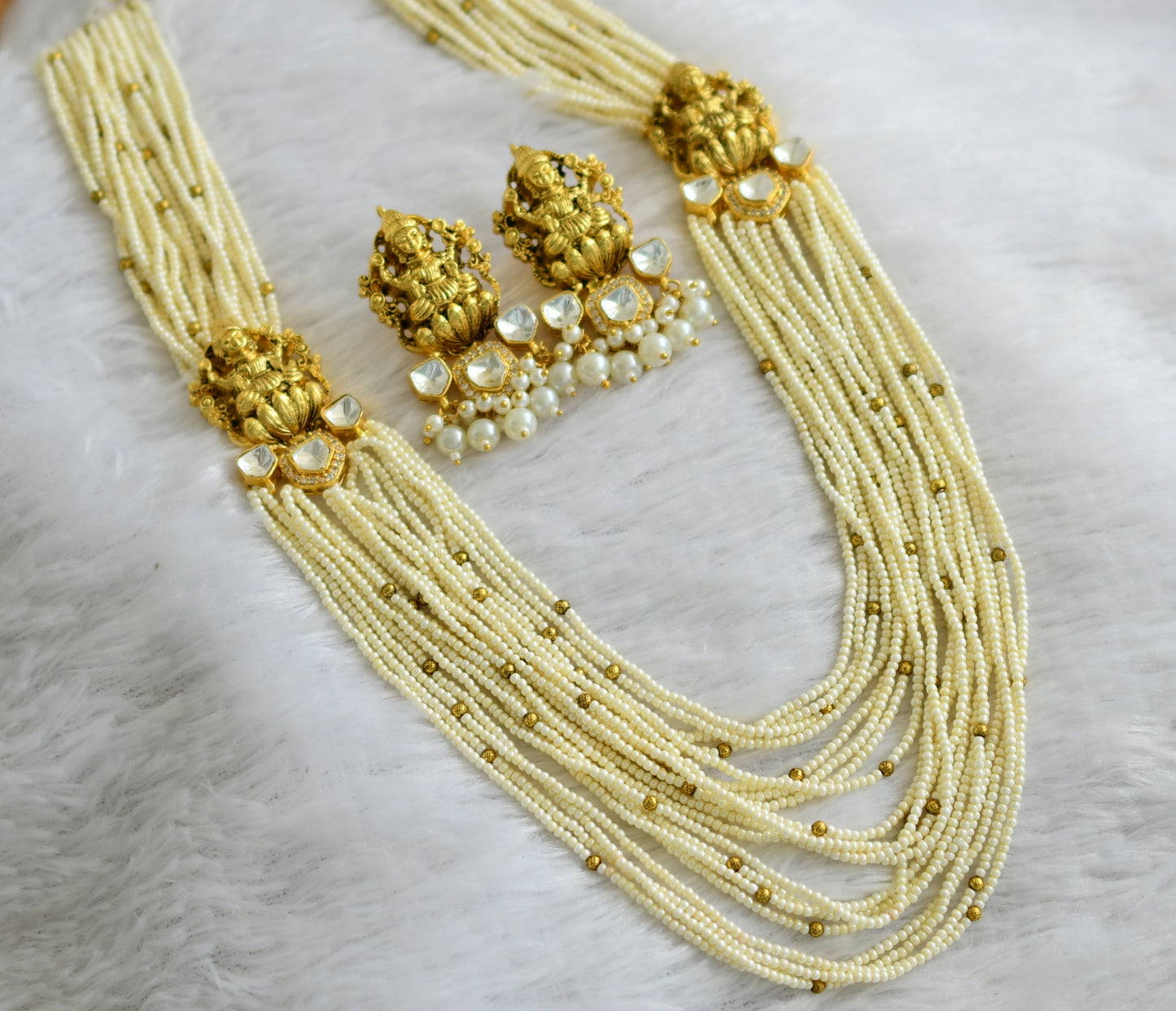 Gold tone AD white-pearl beaded multi layer lakshmi mugappu haar set dj-46971