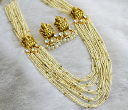 Gold tone AD white-pearl beaded multi layer lakshmi mugappu haar set dj-46971