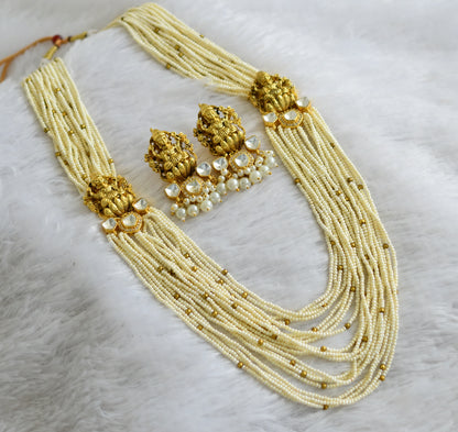 Gold tone AD white-pearl beaded multi layer lakshmi mugappu haar set dj-46971