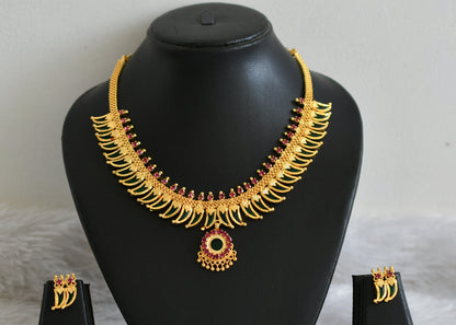 Gold tone pink-green kerala style pulinagam ( tiger nail) necklace set dj-48765