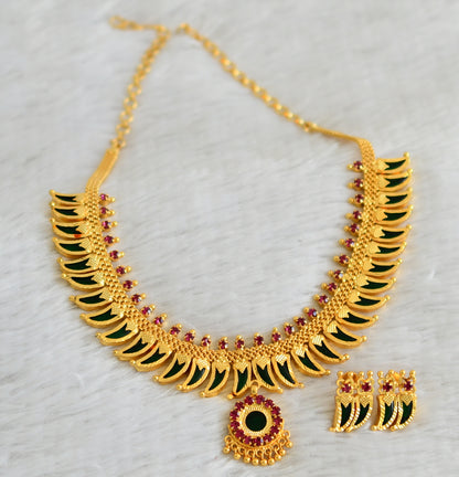 Gold tone pink-green kerala style pulinagam ( tiger nail) necklace set dj-48765