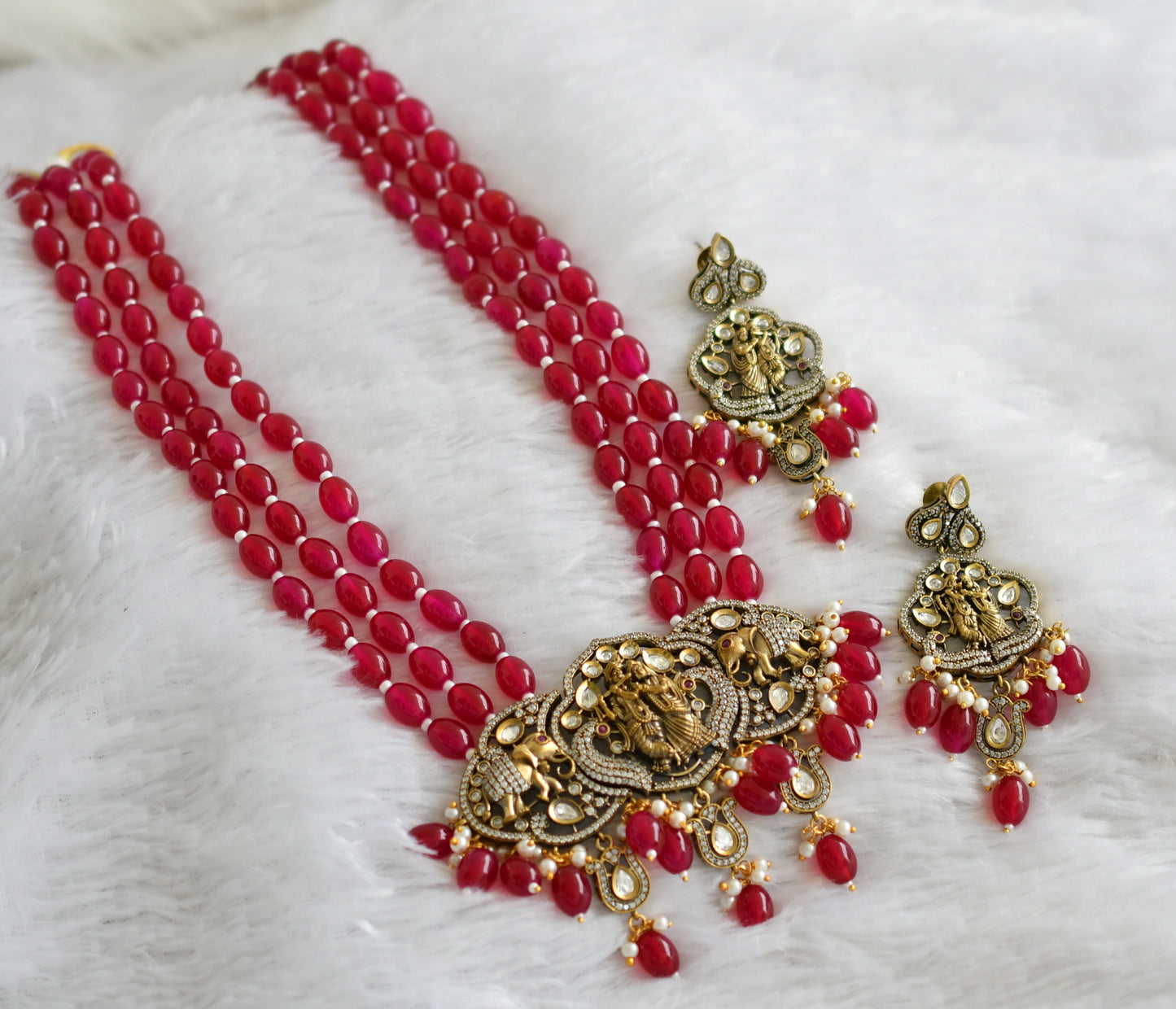 Antique cz radha-krishna elephant pink beaded victorian short haar set dj-46974