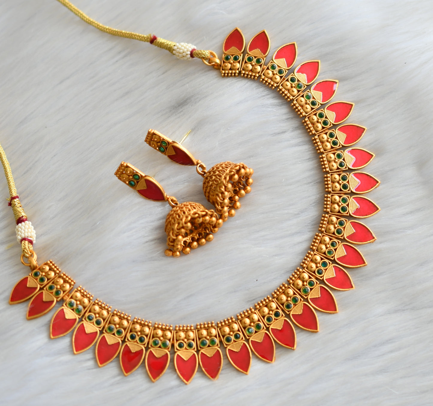 Matte finish red-green nagapadam Kerala style necklace set dj-42349