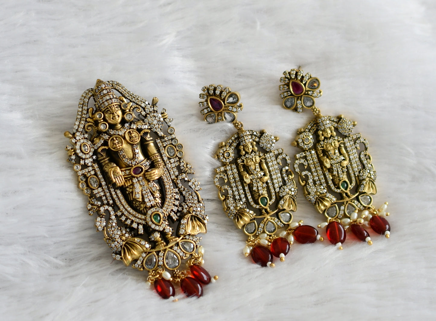 Antique gold tone sri venkateswara cz kemp-green stone red bead victorian pendant set dj-46968