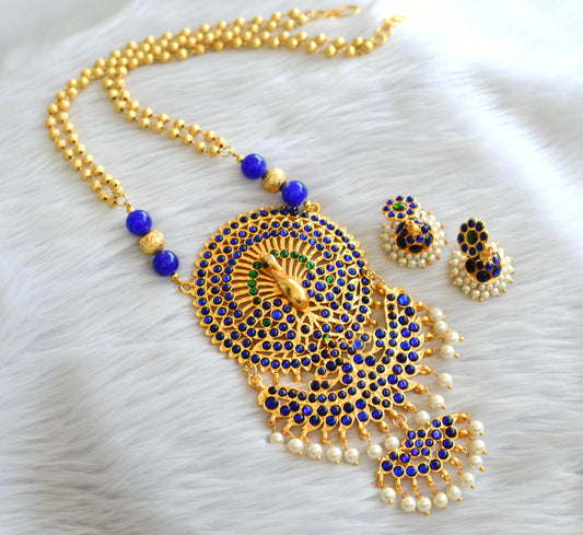 Gold tone blue-green temple peacock pendant long necklace set dj-23318