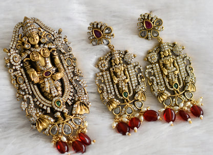 Antique gold tone sri venkateswara cz kemp-green stone red bead victorian pendant set dj-46968