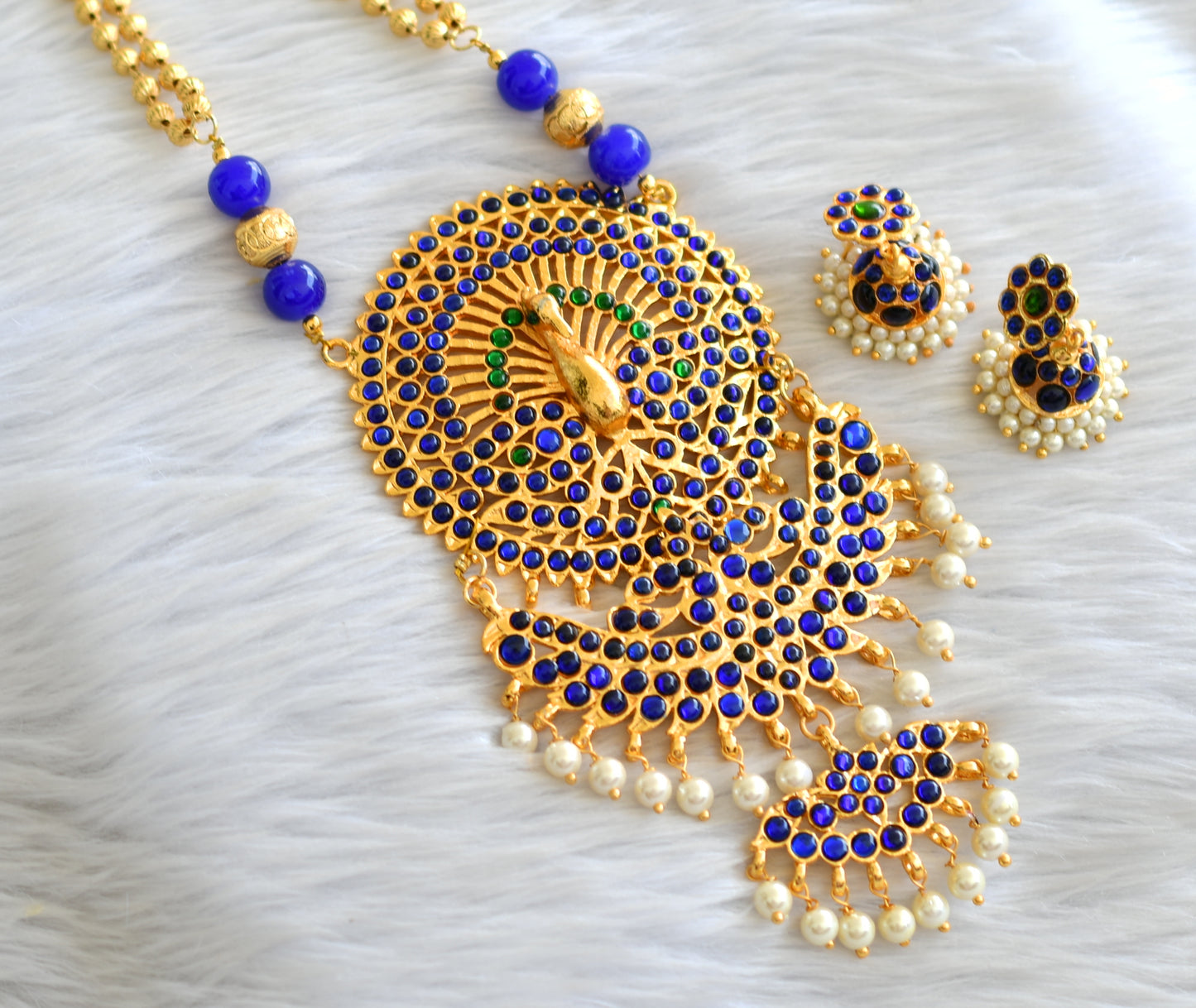 Gold tone blue-green temple peacock pendant long necklace set dj-23318