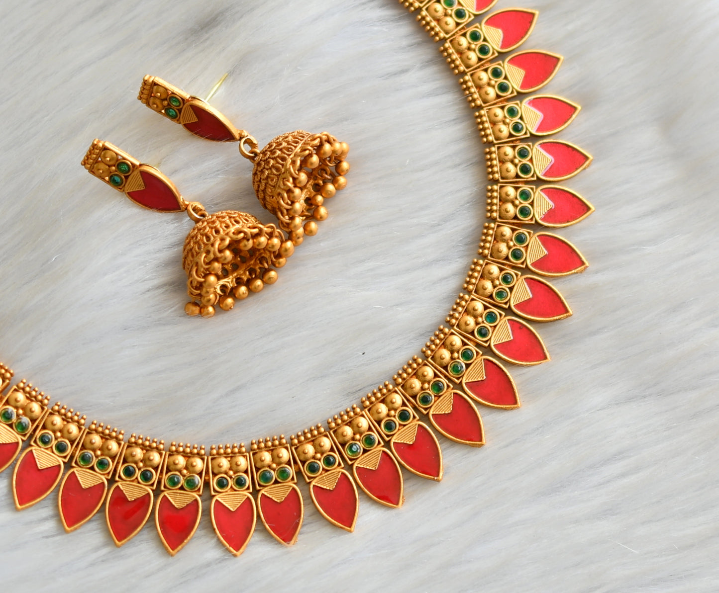 Matte finish red-green nagapadam Kerala style necklace set dj-42349