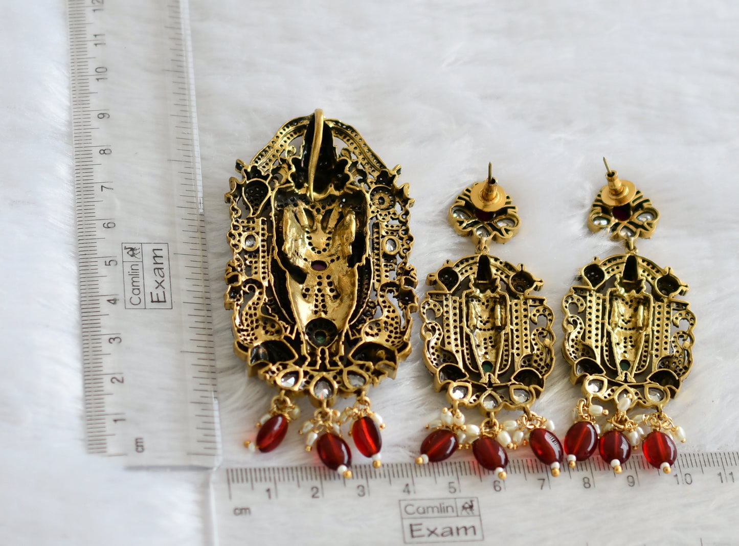 Antique gold tone sri venkateswara cz kemp-green stone red bead victorian pendant set dj-46968