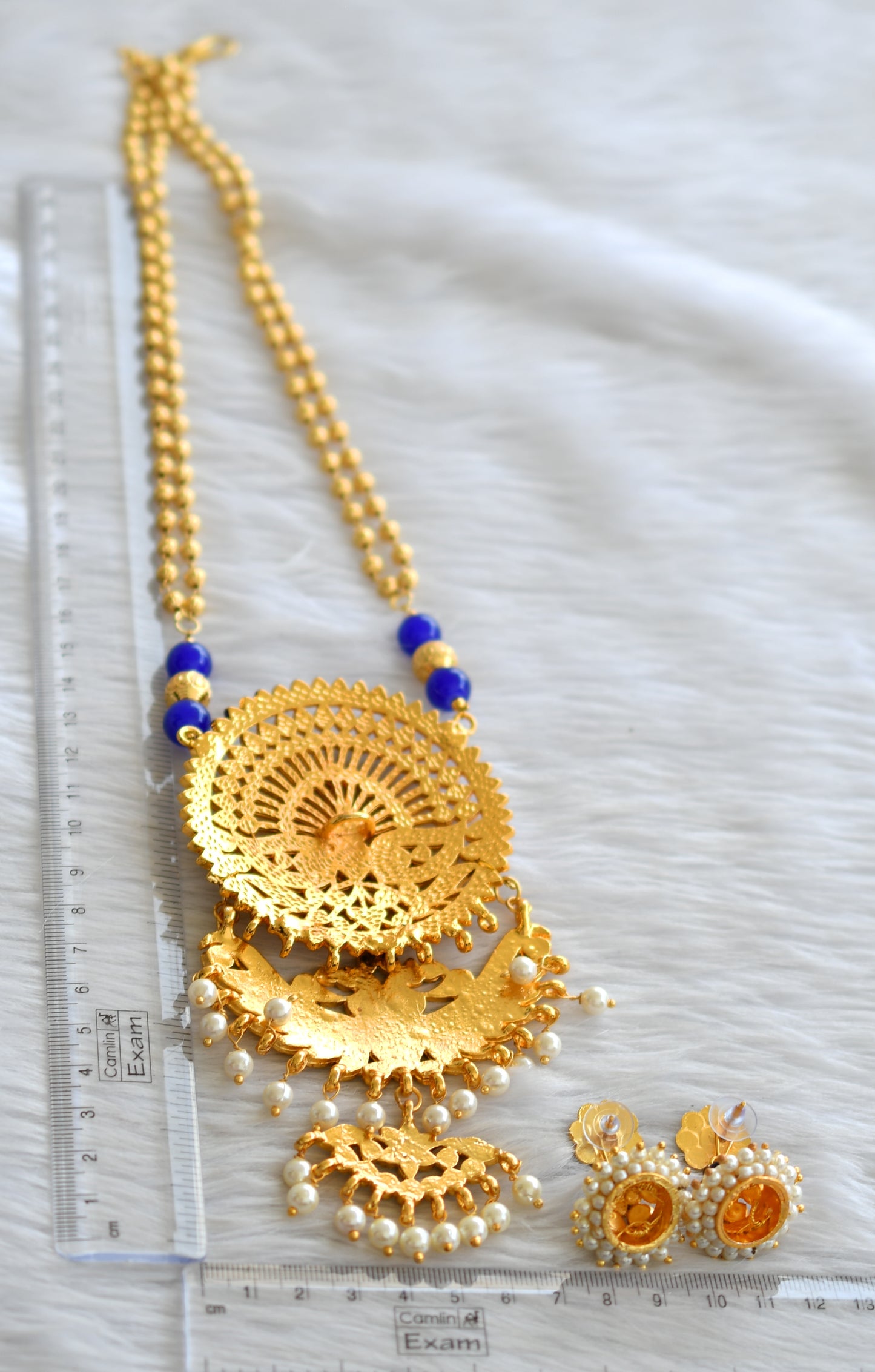 Gold tone blue-green temple peacock pendant long necklace set dj-23318