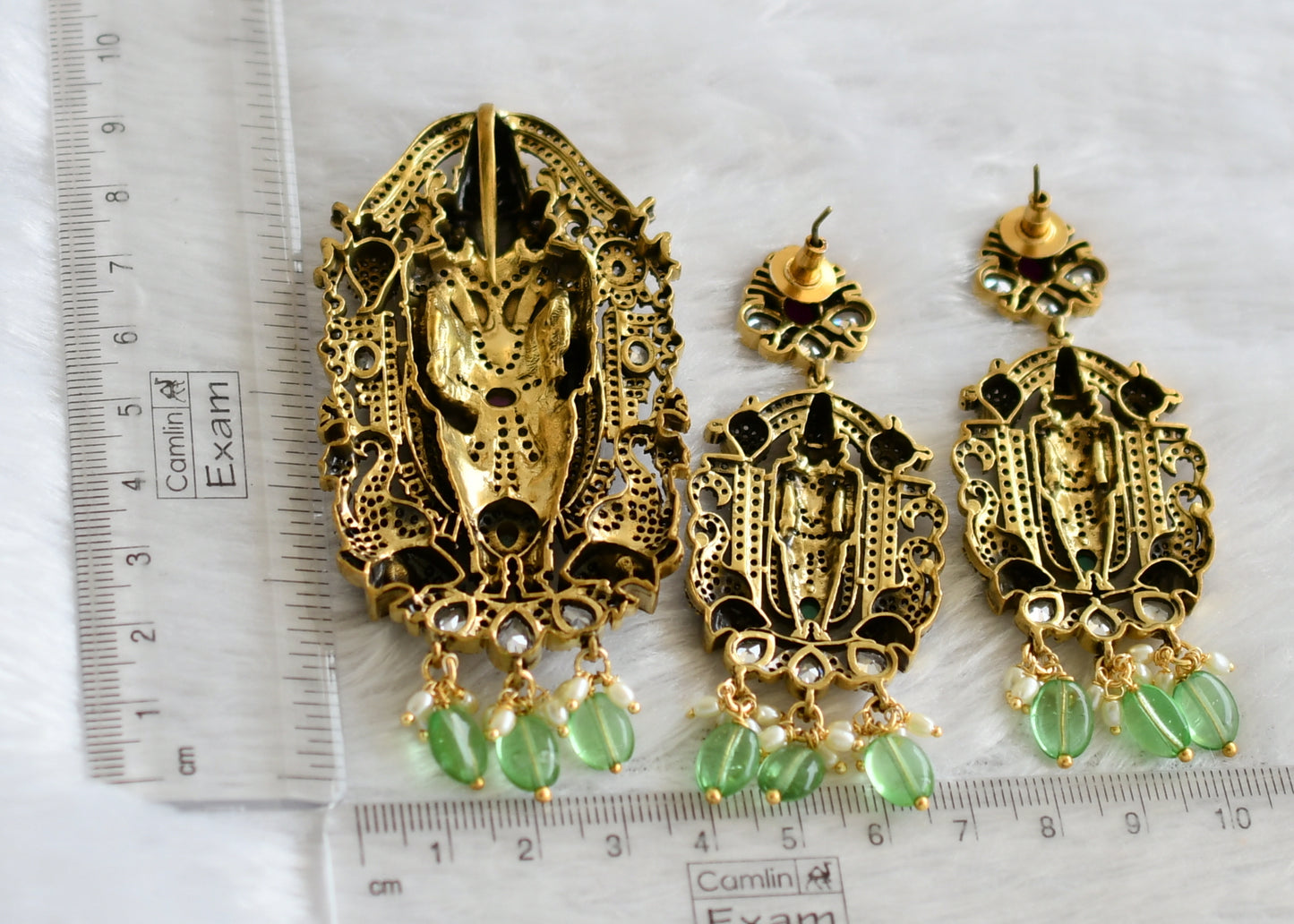 Antique gold tone sri venkateswara cz kemp-green stone victorian pendant set dj-46970